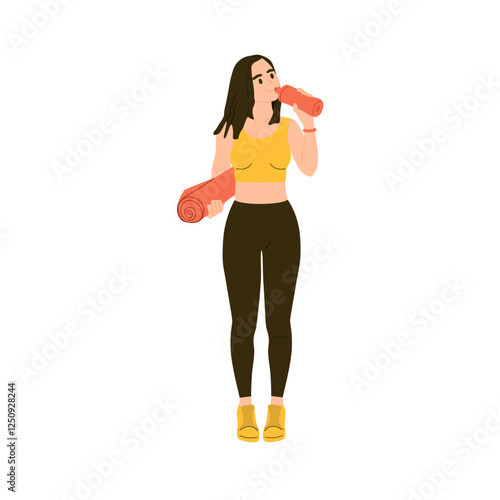 Woman drinking water from bottle with yoga mat in hands. Girl ready for fitness, gym workout. Active female's hydration after sport training. Vector illustration isolated on white background