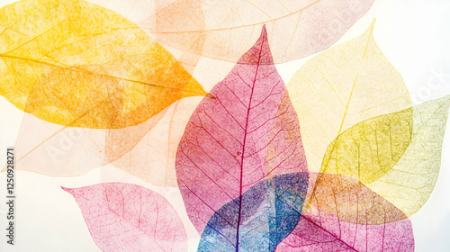 Colorful leaves overlapping creating an abstract pattern on a bright background for seasonal design or decoration