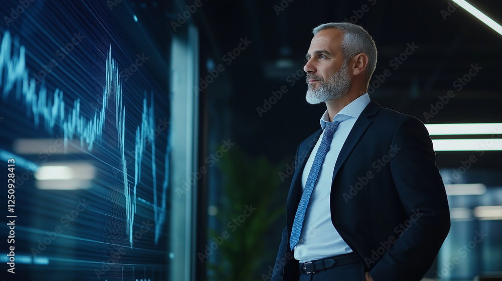 Fototapeta premium A professional businessman in a modern boardroom, standing beside a futuristic holographic projection of rising financial indicators and company growth.