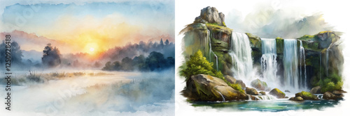 Serene landscape watercolor, tranquil sunrise scene, cascading waterfall, lush greenery, nature's beauty, peaceful ambiance.