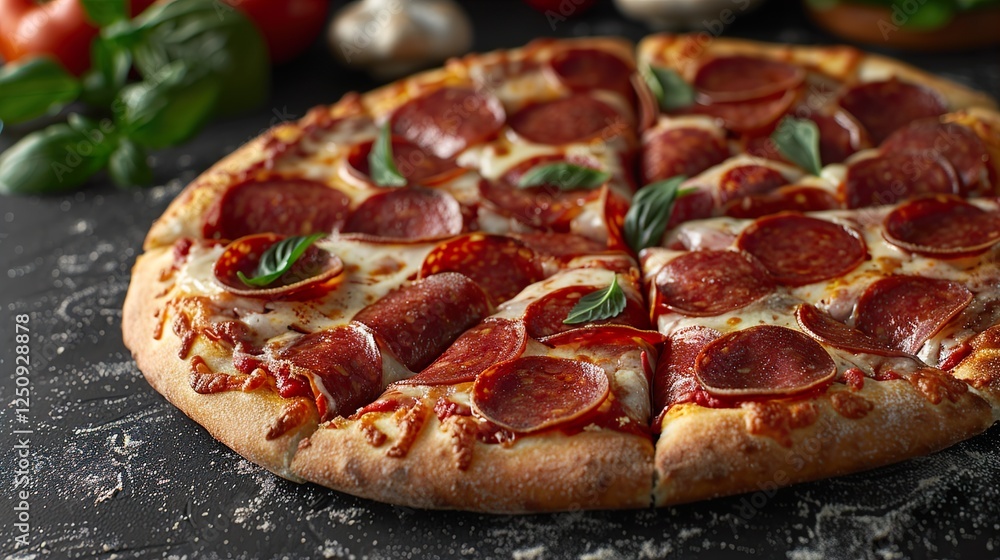 Sliced pepperoni arranged on a pizza. HD 8K wallpaper Photographic Image Sliced pepperoni arranged on a pizza. HD 8K wallpaper Photographic Image
