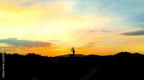 Desert sunset Saguaro cactus silhouette against a vibrant, colorful sky. Background hills. Nature photography or travel blog use