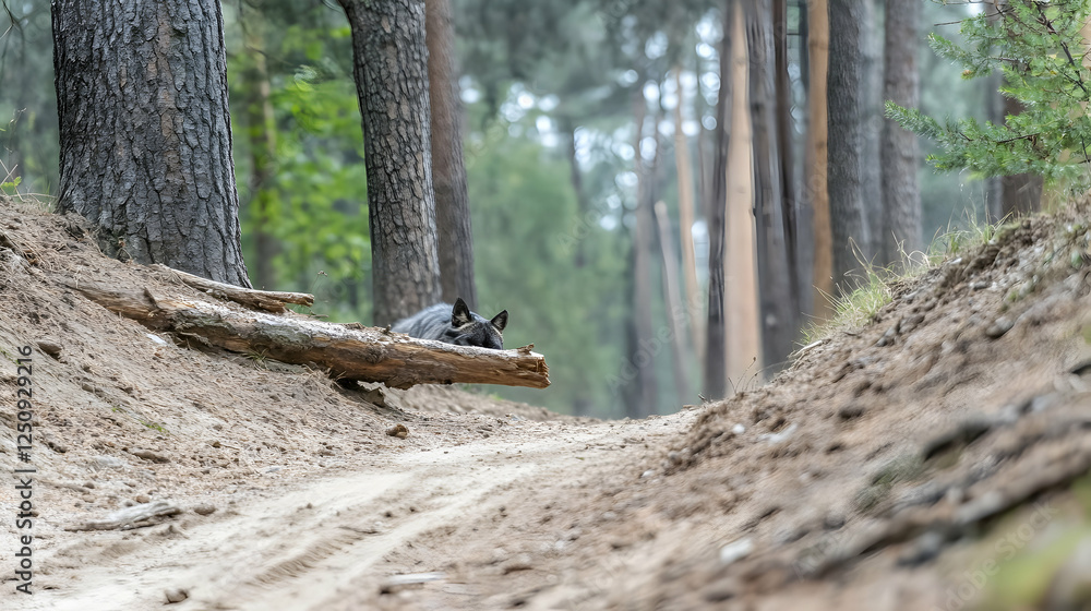 Dog resting on log in sandy forest path with trees providing shade. Ideal for nature, animal welfare or outdoor recreation themes Dog resting on log in sandy forest path with trees providing shade. Ideal for nature, animal welfare or outdoor recreation themes