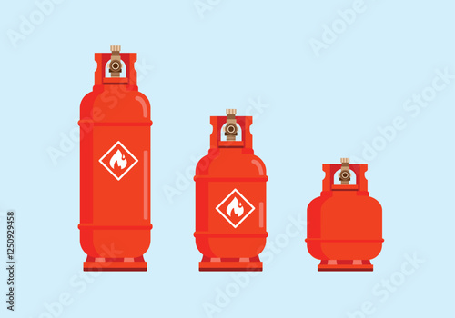 red gas cylinder tanks of various types and sizes, nitrogen bottle containers, hydrogen, propane and butane lpg gas cylinder