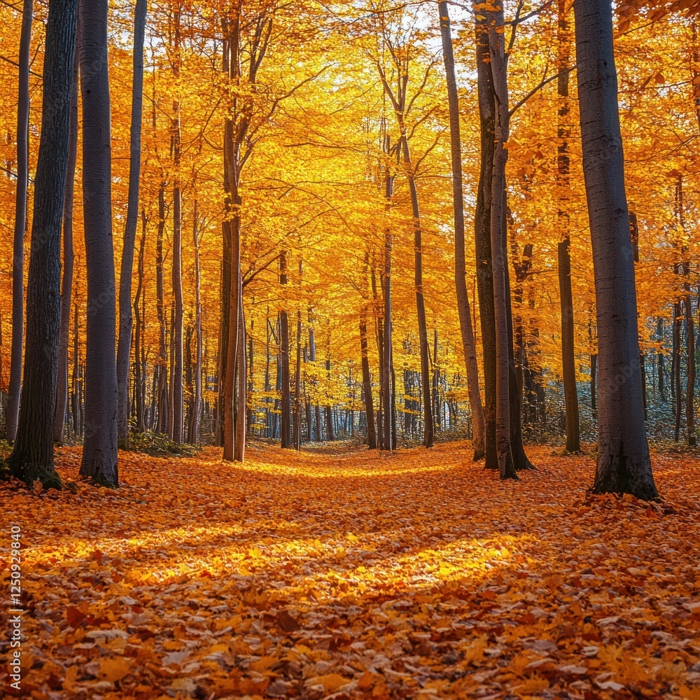 Golden autumn forest path, sunlit leaves, woodland background, nature scene Golden autumn forest path, sunlit leaves, woodland background, nature scene