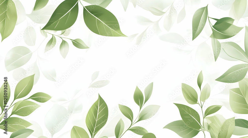 Fresh green leaves frame an airy white background, suggestive of growth, nature, and wellness, for presentations and advertising Fresh green leaves frame an airy white background, suggestive of growth, nature, and wellness, for presentations and advertising