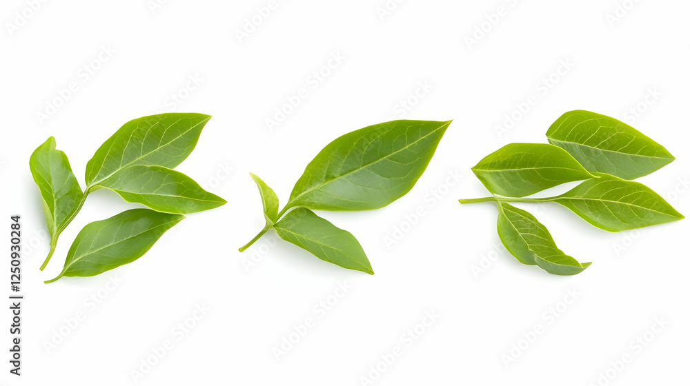 Naklejka premium Fresh green leaves on clean white background for natural health, aromatherapy, herb, food and drink ingredients and use in pharmaceutical industry