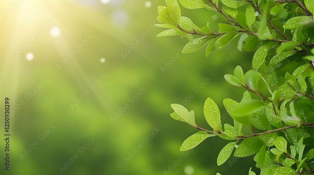Fresh green leaves with water droplets, sun rays shining; background blur for ecology, springtime ads, spa, product presentation Fresh green leaves with water droplets, sun rays shining; background blur for ecology, springtime ads, spa, product presentation