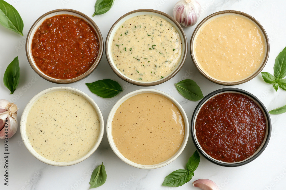 Flat lay food arrangement. Assorted pasta sauces in bowls with fresh basil and garlic Flat lay food arrangement. Assorted pasta sauces in bowls with fresh basil and garlic
