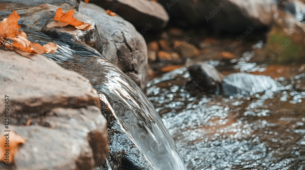 Gentle water flows over rocks in a creek, with foliage nearby. Serene nature scene for relaxation, background, or environmental designs Gentle water flows over rocks in a creek, with foliage nearby. Serene nature scene for relaxation, background, or environmental designs