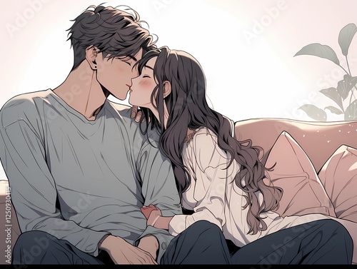 K-Pop Romance Korean Manga Illustration of a Young Couple Hanging Out	