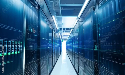 A smooth camera glide through a futuristic data center. The racks of servers are illuminated with a blue glow, showcasing the massive scale and complexity of the data storage facility.