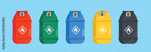 Gas cylinder tanks in various colors and contents, LPG propane butane bottle containers, hydrogen and oxygen gas cylinder fuel