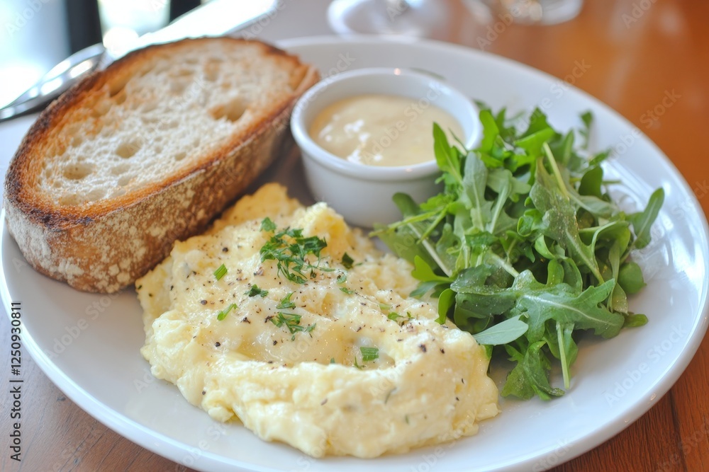 Delicious Plate of Scrambled Eggs with Toast and Salad on White Dish