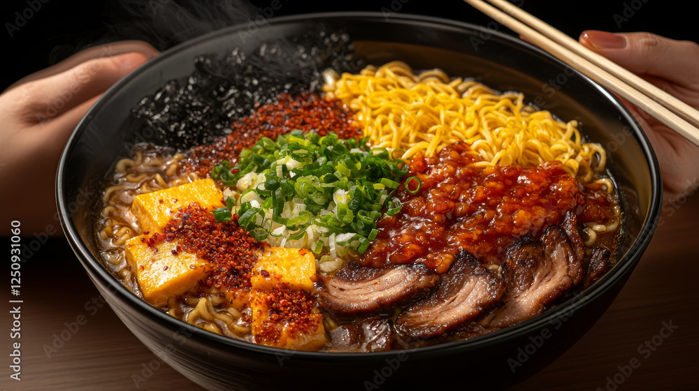 Flat lay food arrangement. steaming bowl of ramen with intricate toppings and vibrant colors Flat lay food arrangement. steaming bowl of ramen with intricate toppings and vibrant colors