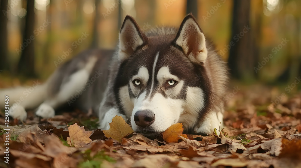 Husky dog rests on fallen leaves in forest during autumn. Can be used in pet care articles, seasonal campaigns, and nature-themed backgrounds Husky dog rests on fallen leaves in forest during autumn. Can be used in pet care articles, seasonal campaigns, and nature-themed backgrounds