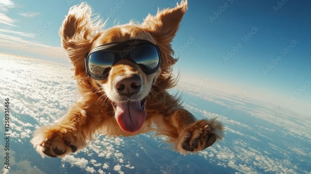 A playful dog skydiving.