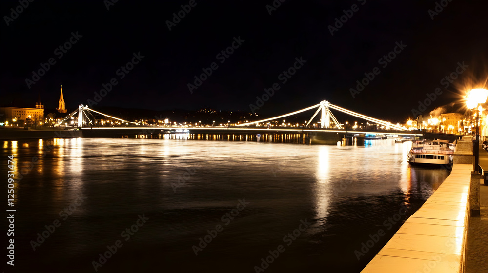 Obraz premium Illuminated bridge spans river at night, boats pass, serene cityscape for tourism, travel articles or city guides