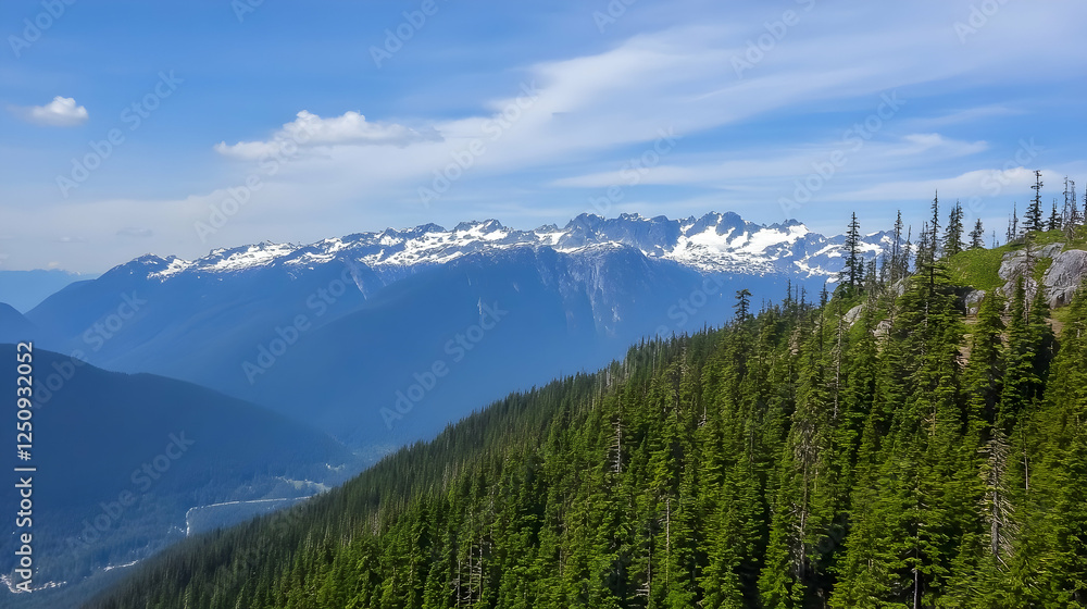 Obraz premium Majestic mountain panorama Evergreen forest meets snow-capped peaks under blue sky; nature, wallpaper, tourism, or background