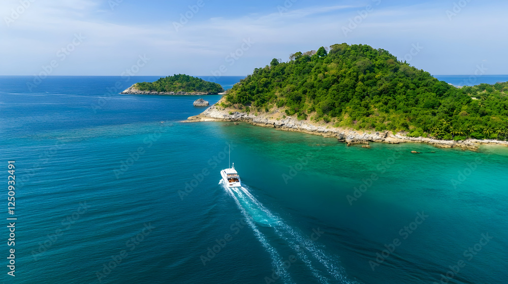 Motorboat sailing in the ocean next to tropical islands; used to illustrate travel destinations and marine activity Motorboat sailing in the ocean next to tropical islands; used to illustrate travel destinations and marine activity