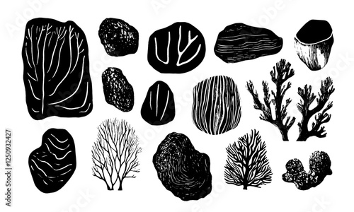 Linocut style organic shapes, nature underwater shapes, rocks, stone, plants, leaves, vector.
