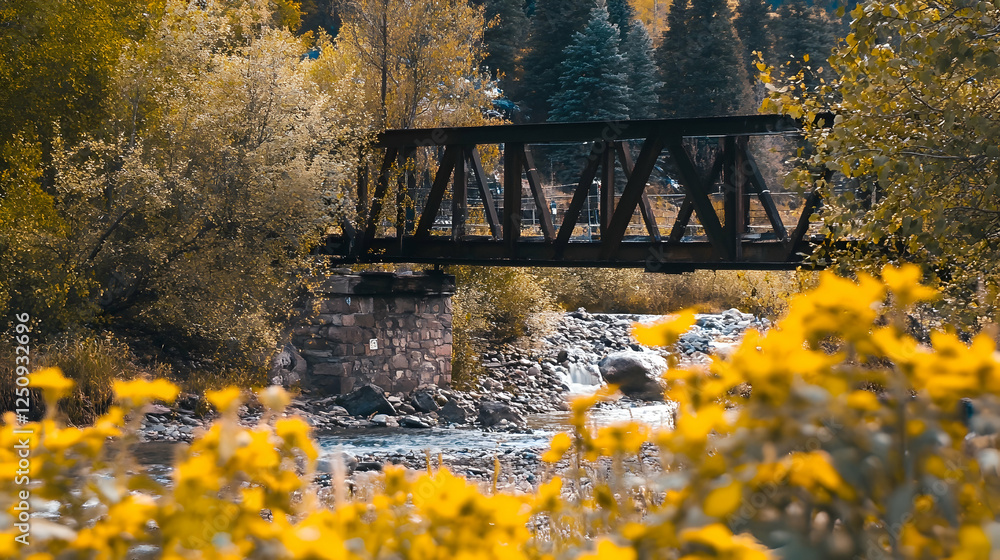 Obraz premium Old train bridge spans river with autumn trees. Serene nature scene for travel, landscape, or scenic stock photography use