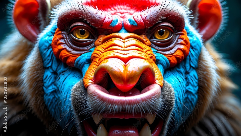 Vibrant Mandrill Portrait: A close-up of a mandrill's face, rendered in vivid, almost surreal colors. The intense gaze and bared teeth create a powerful and captivating image. Vibrant Mandrill Portrait: A close-up of a mandrill's face, rendered in vivid, almost surreal colors. The intense gaze and bared teeth create a powerful and captivating image.