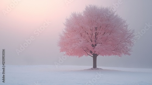 Pink frost-covered tree in foggy field at dawn; winter serenity photo