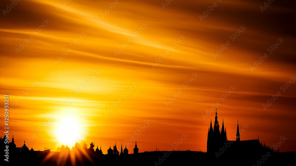 Fototapeta premium Prague skyline with sunset backdrop for travel blogs, travel guides, or city exploration materials