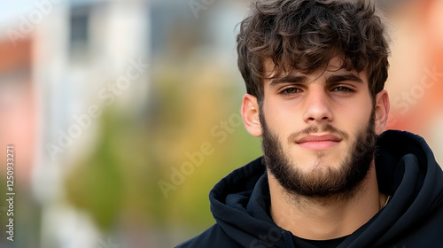 Portrait of a curly-haired man with a beard looking at the camera with a city background