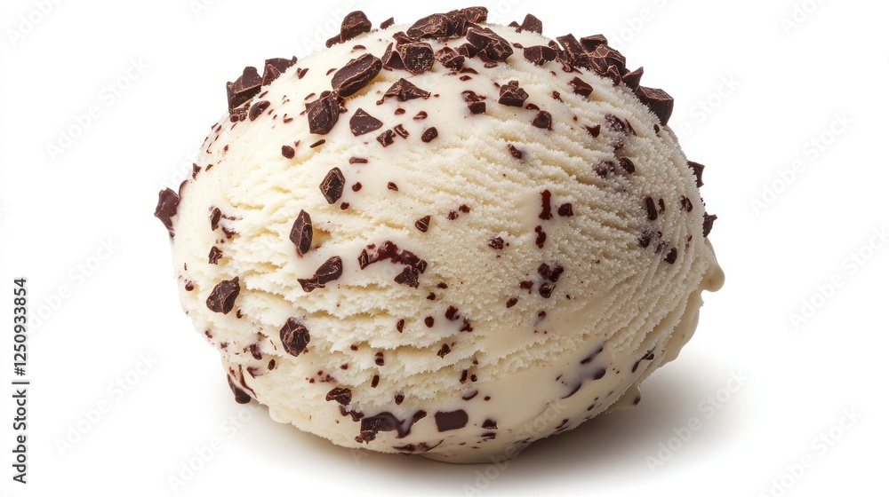 Vanilla ice cream scoop, chocolate chips, white background, dessert menu Vanilla ice cream scoop, chocolate chips, white background, dessert menu