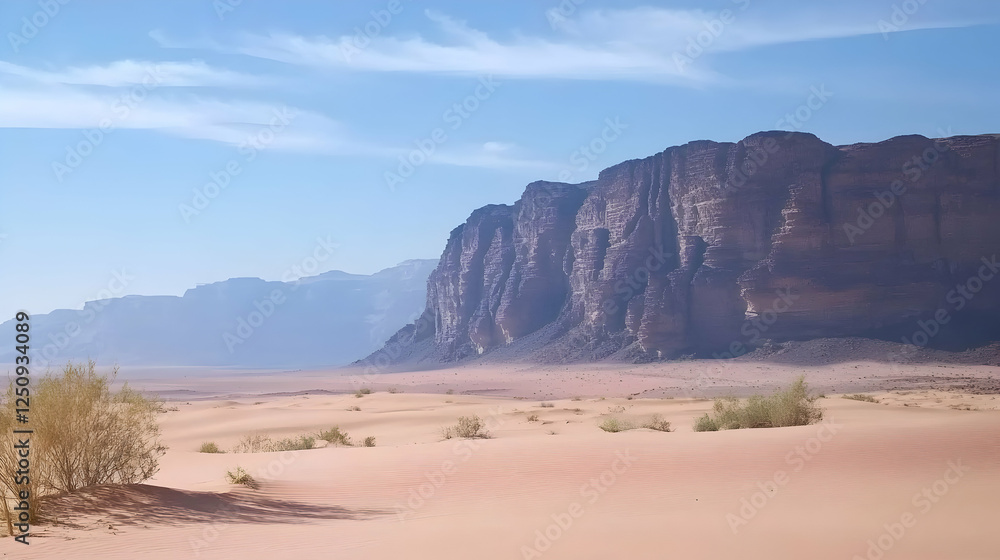 Scenic view of sandstone mountains in Wadi Rum desert, Jordan, ideal for travel brochures Scenic view of sandstone mountains in Wadi Rum desert, Jordan, ideal for travel brochures