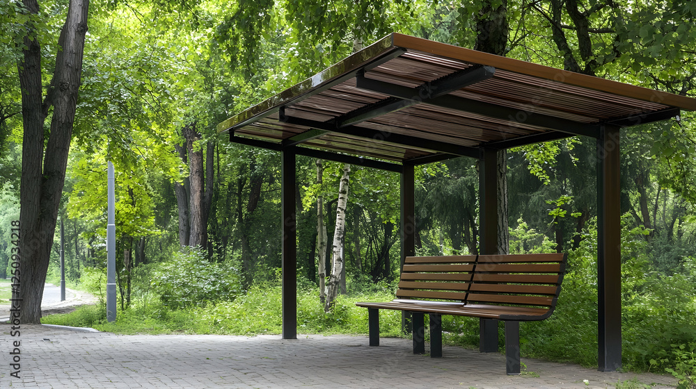 Secluded bench under modern structure in lush green park, perfect for peaceful contemplation, relaxation, or outdoor seating area promotion Secluded bench under modern structure in lush green park, perfect for peaceful contemplation, relaxation, or outdoor seating area promotion