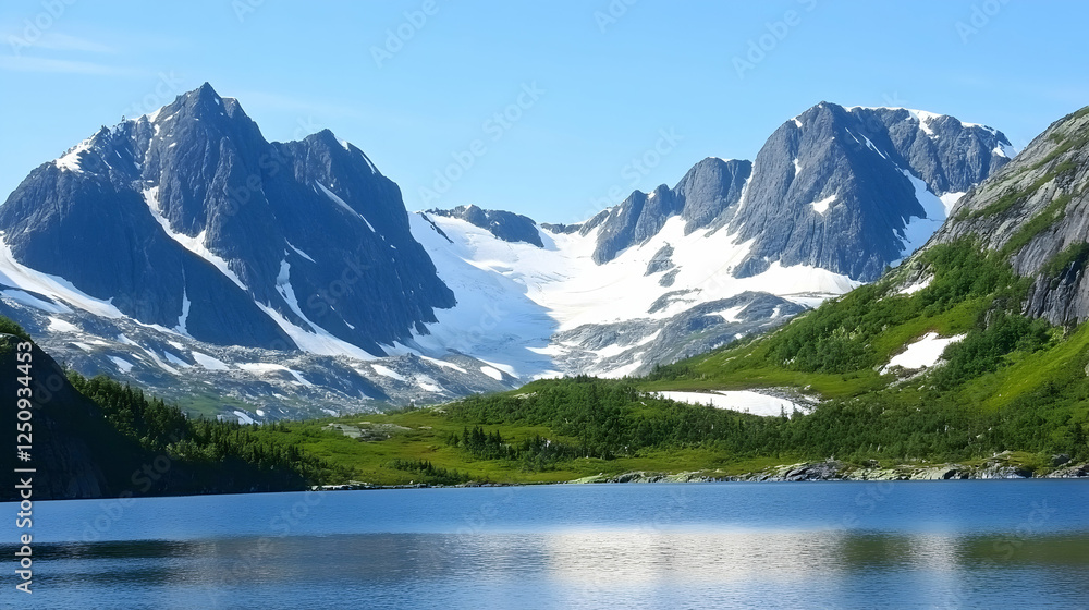 Serene mountain lake surrounded by lush greenery and snow-capped peaks against a clear blue sky, ideal for scenic travel and nature themes Serene mountain lake surrounded by lush greenery and snow-capped peaks against a clear blue sky, ideal for scenic travel and nature themes