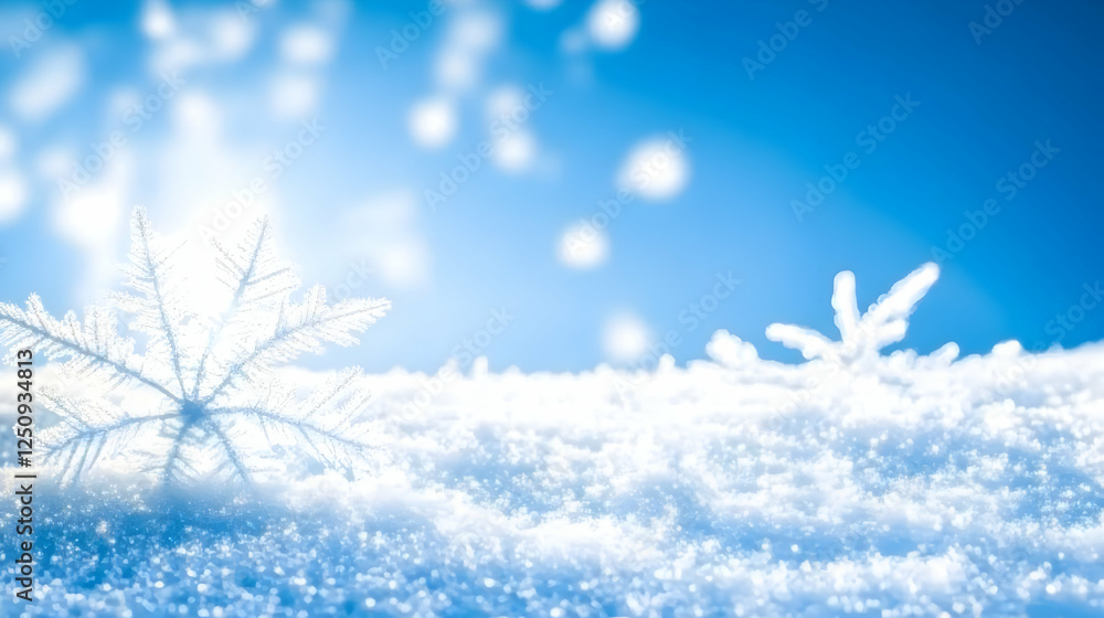 Snowflakes glittering on a snowy field under a bright sky, symbolizing winter holidays, suitable for seasonal greetings and background