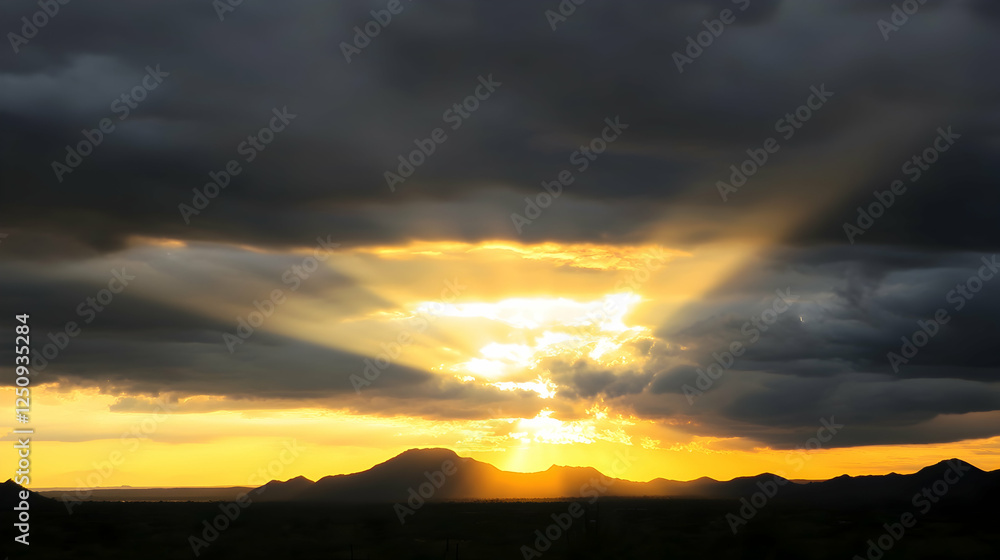 Sun rays shine over hills during golden hour. Scenic landscape for travel, vacation, and nature concepts, and peacefulness Sun rays shine over hills during golden hour. Scenic landscape for travel, vacation, and nature concepts, and peacefulness