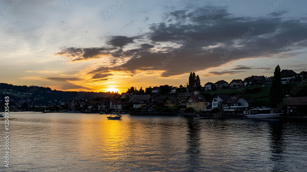 Sunset over a lake and town, with boats, reflecting light, clouds. Use travel, tourism, nature, vacation Sunset over a lake and town, with boats, reflecting light, clouds. Use travel, tourism, nature, vacation