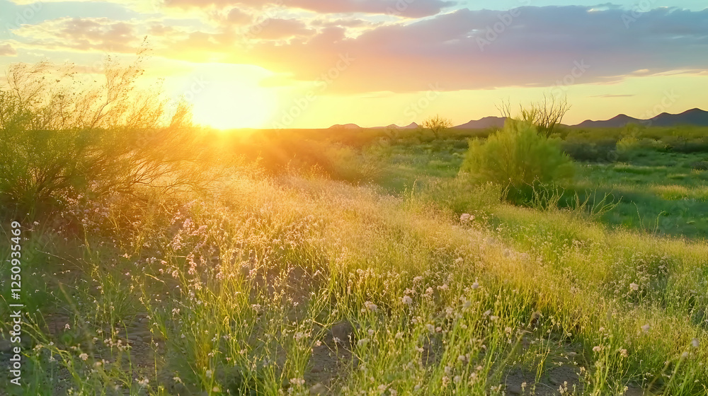 Obraz premium Sunset over a field in Arizona; shrubs in the foreground with mountains in the distance. Can be used to illustrate travel or environment