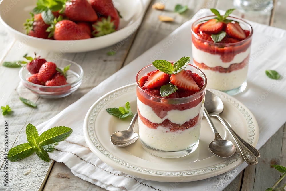 Delicious strawberry dessert creamy layers fresh mint garnish sweet treat red food white tasty plate Delicious strawberry dessert creamy layers fresh mint garnish sweet treat red food white tasty plate
