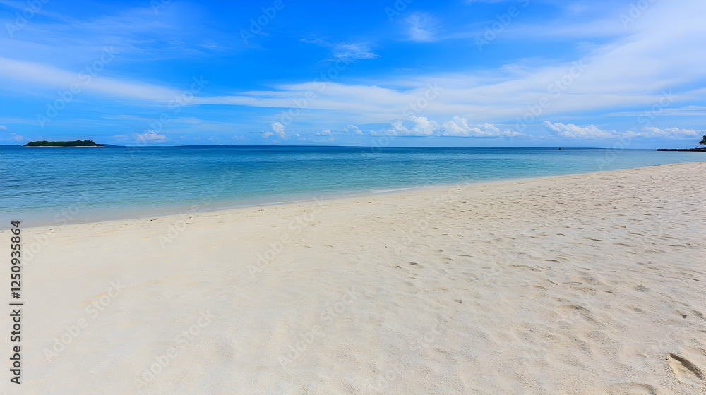 Tranquil seascape on white sandy beach under blue sky with soft clouds for travel, holiday, and summer vacation background images Tranquil seascape on white sandy beach under blue sky with soft clouds for travel, holiday, and summer vacation background images