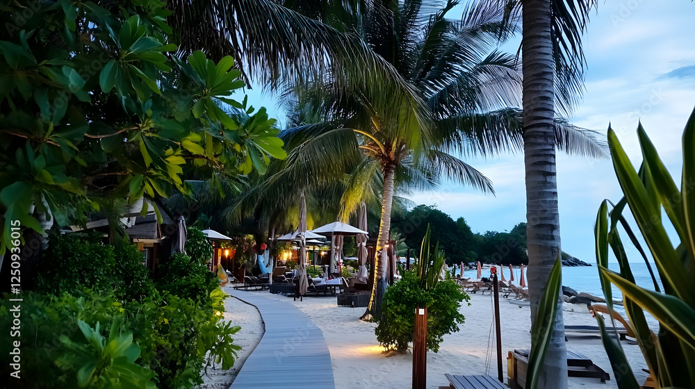 Fototapeta premium Tropical walkway leading to beachside dining in the evening, with palm trees and lush greenery. Ideal for travel or resort promotion