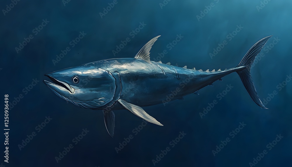 Fototapeta premium A Bluefin Tuna Swims in Deep Ocean Waters
