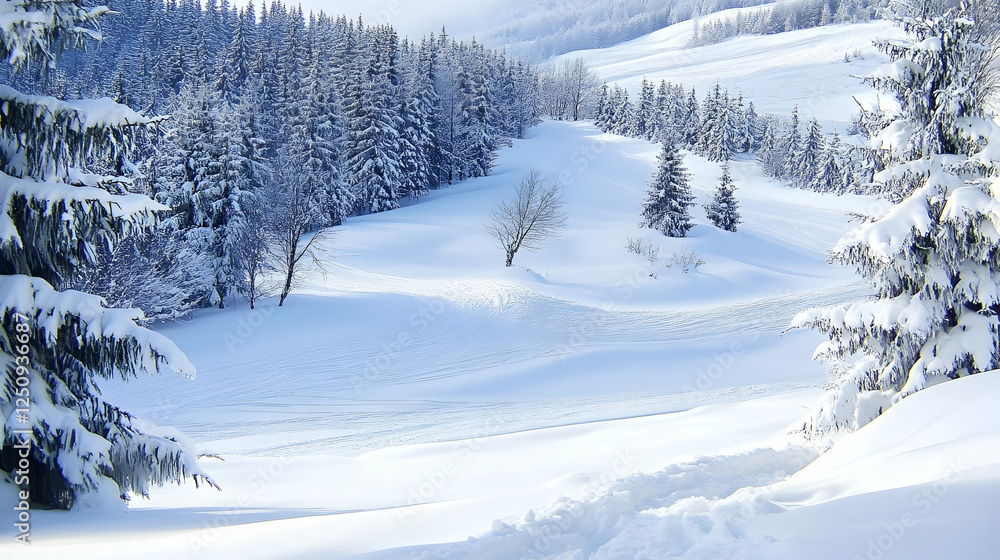 Winter wonderland Snow blankets forest, peaceful path winds amid snowy hills. For holiday cards or travel promotion Winter wonderland Snow blankets forest, peaceful path winds amid snowy hills. For holiday cards or travel promotion