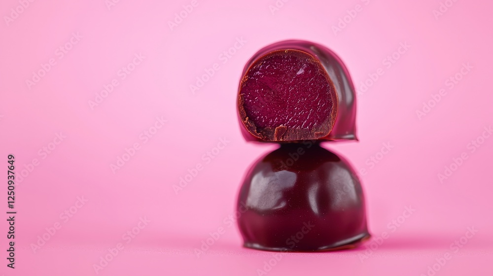 Chocolate confection with berry filling on pink background Chocolate confection with berry filling on pink background