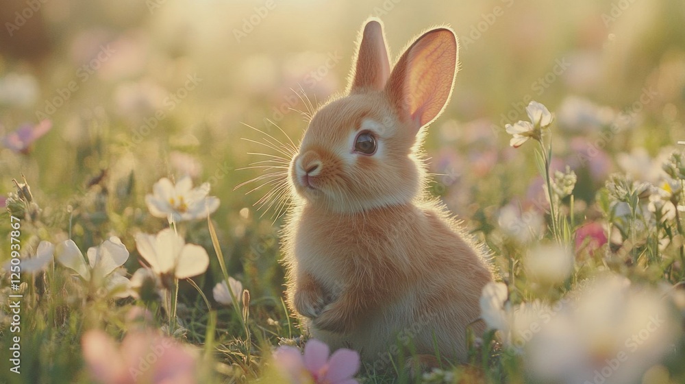 Fototapeta premium A cute pygmy rabbit in wildflowers.