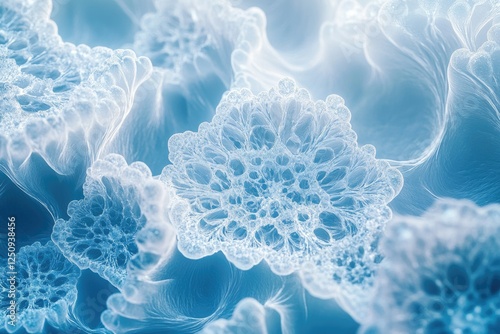 Abstract image of intricate, lace-like, blue formations resembling frozen patterns or cellular structures. photo