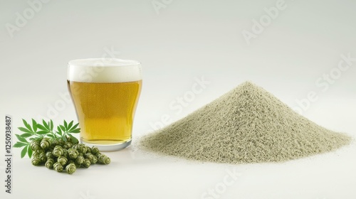 Beer glass with hops and grain on a light backdrop. photo