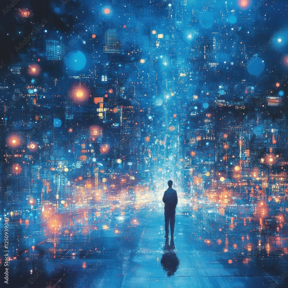 Man contemplates futuristic cityscape at night; digital art, website banner Man contemplates futuristic cityscape at night; digital art, website banner