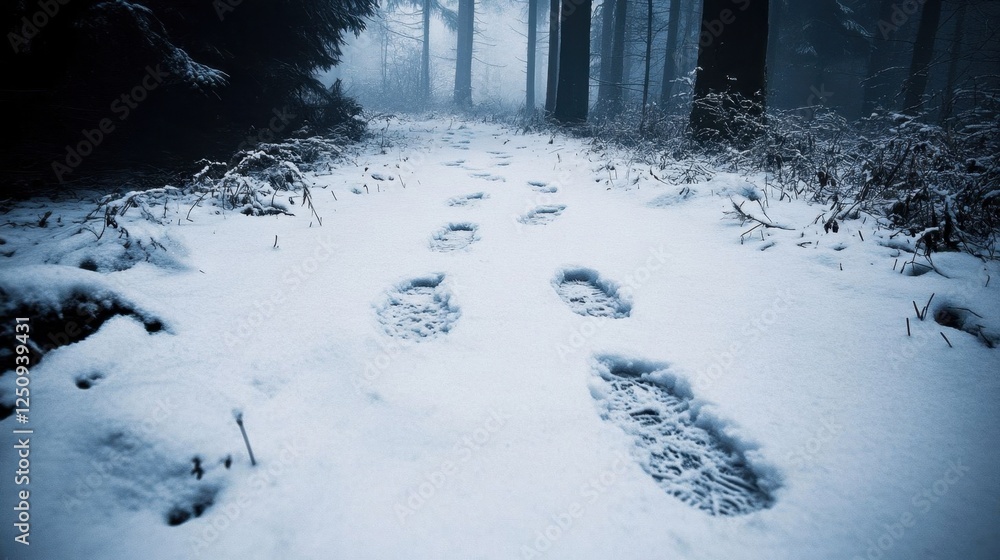 Obraz premium Footprints in snowy forest trail.