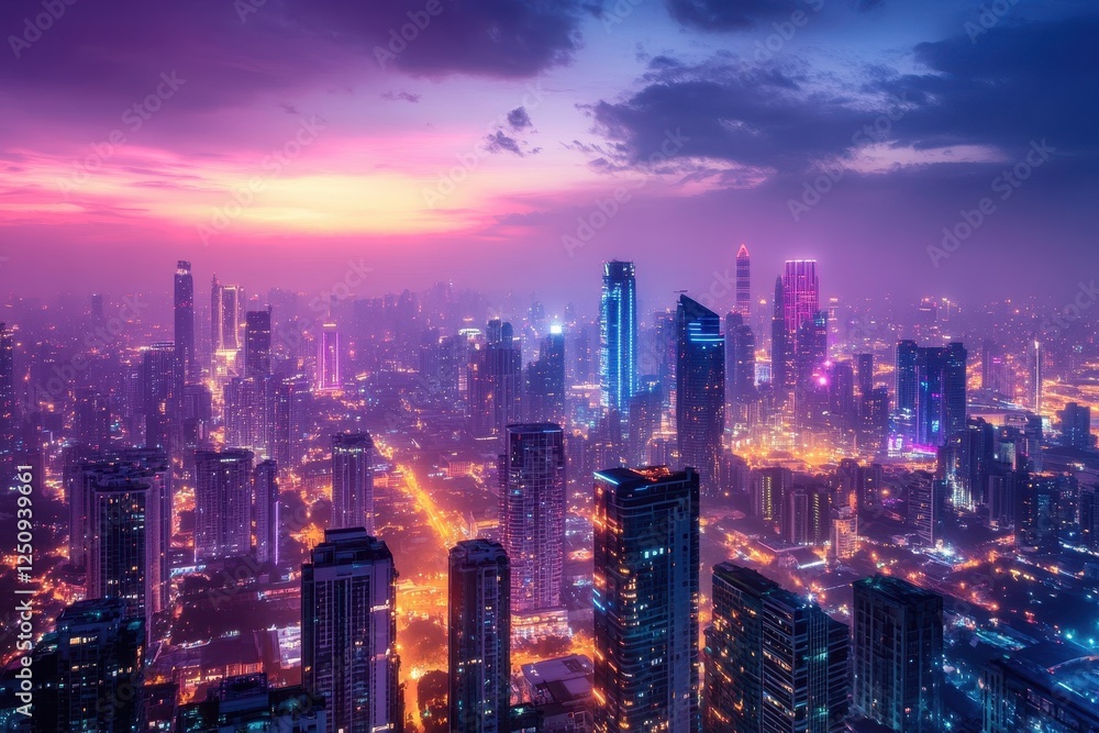 Fototapeta premium Night City Skyline Illuminated Under a Vibrant Sunset